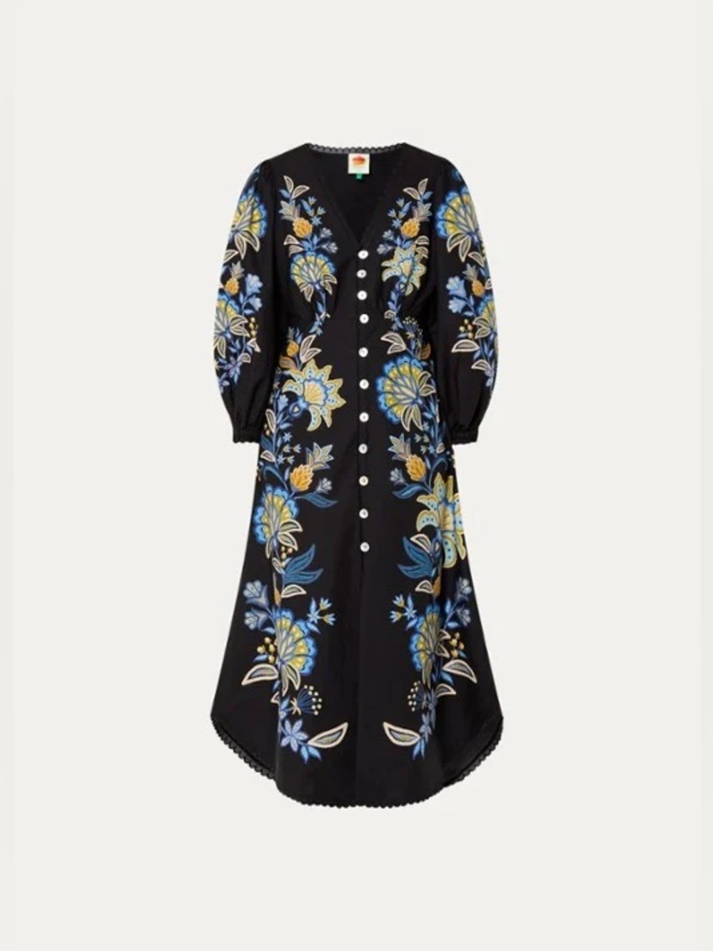 FARM Rio Stitched Garden Floral Black Midi Dress Fairycore Boho Women L Vacation - Picture 2 of 16